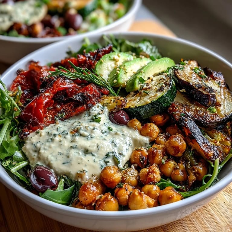 This nourishing vegan Buddha bowl features vibrant greens, protein-rich chickpeas, roasted Mediterranean veggies, and a zesty tahini drizzle for a satisfying meal.