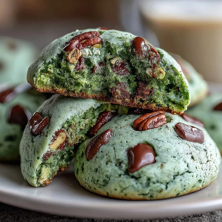 Chewy pistachio pudding cookies perfect for St. Patrick's Day celebrations, naturally colored with spinach and topped with chopped nuts.