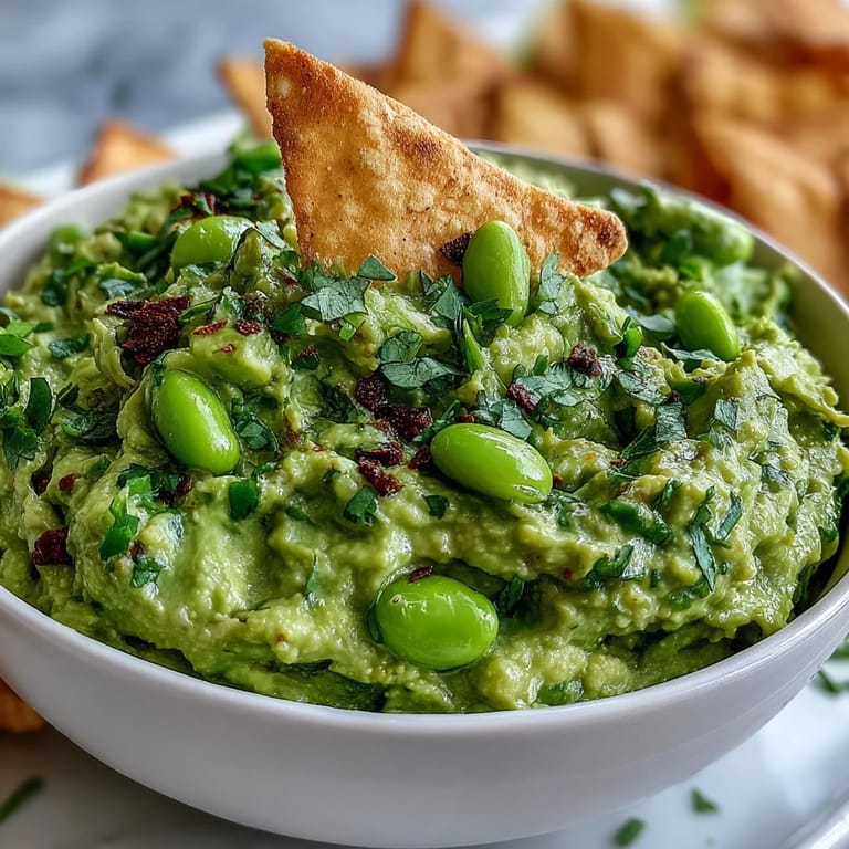 Vibrant edamame guacamole topped with red onion, served alongside warm, spiced pita chips for dipping.