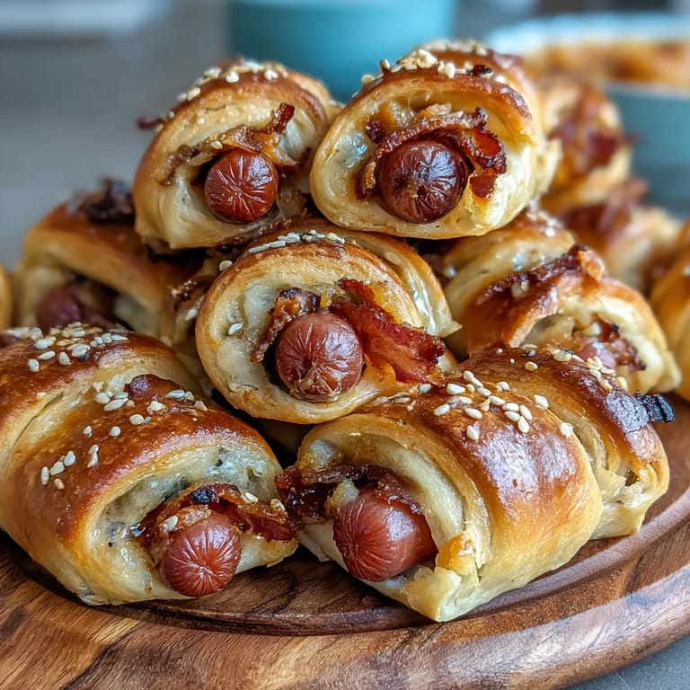 Adorable mini hot dogs baked in crescent roll dough, shaped like tiny baseball bats, perfect for game day or parties.