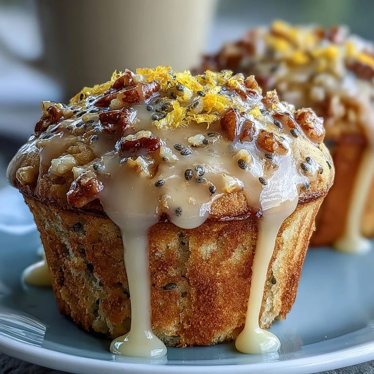 Fluffy lemon muffins topped with a sweet, tangy glaze, speckled with poppy seeds, offering a bright and refreshing treat for any spring gathering.