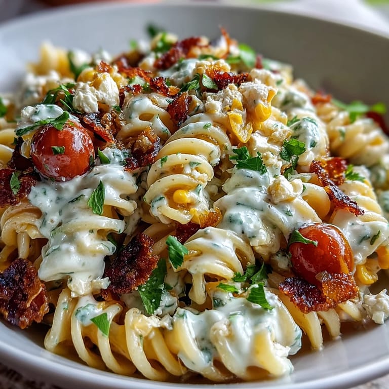 Creamy Mexican-inspired pasta salad bursting with chili-spiced corn, fresh cilantro, and tangy Cotija crumbles.