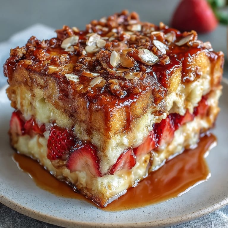 Layered strawberry french toast bake in a golden casserole dish, perfect for spring brunch gatherings.