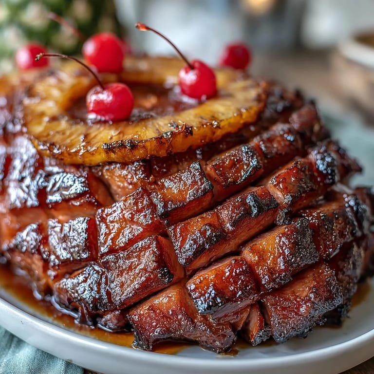 A festive honey glazed ham centerpiece, caramelized with a sticky glaze and crowned with pineapple slices and maraschino cherries.