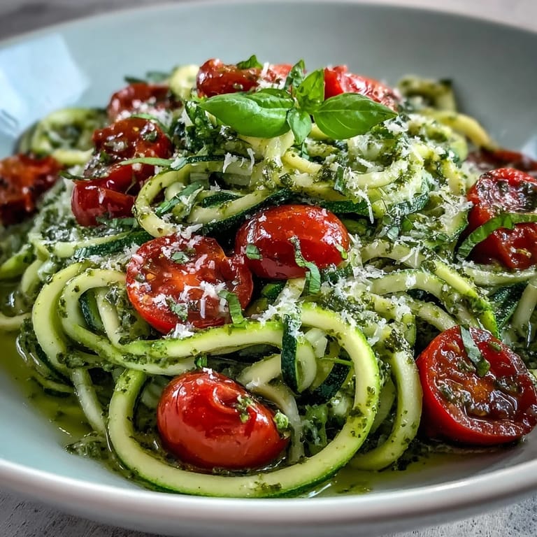 Light and healthy spiralized zucchini with homemade pesto and juicy cherry tomatoes.  