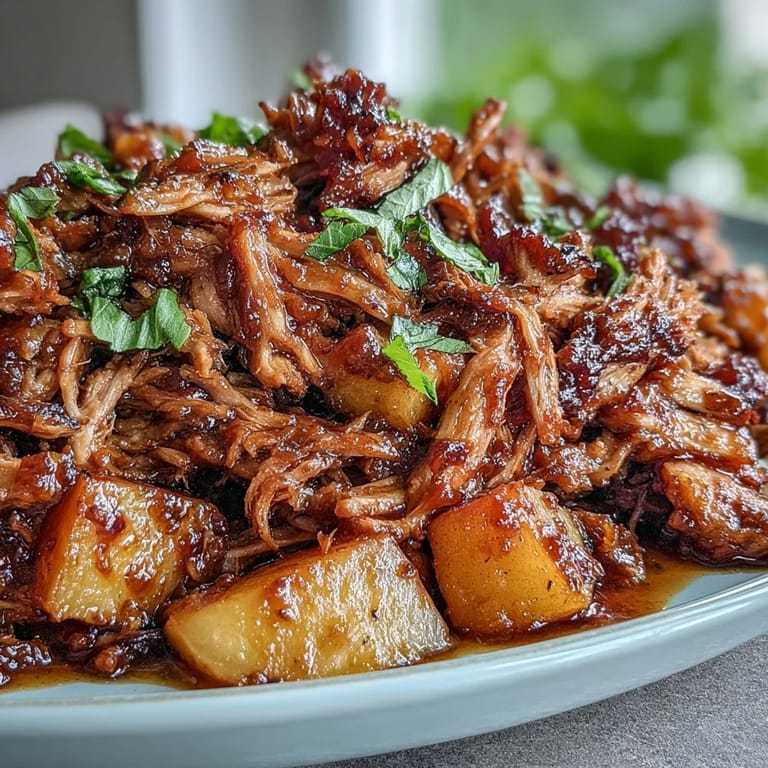 Sweet honey peach BBQ pulled pork in crockpot, tender and flavorful, perfect for summer dinners.