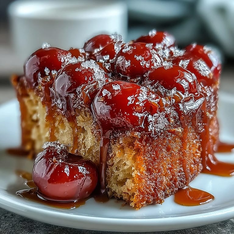 Moist, nutty Cherry Almond Upside-Down Cake, ready to wow guests.