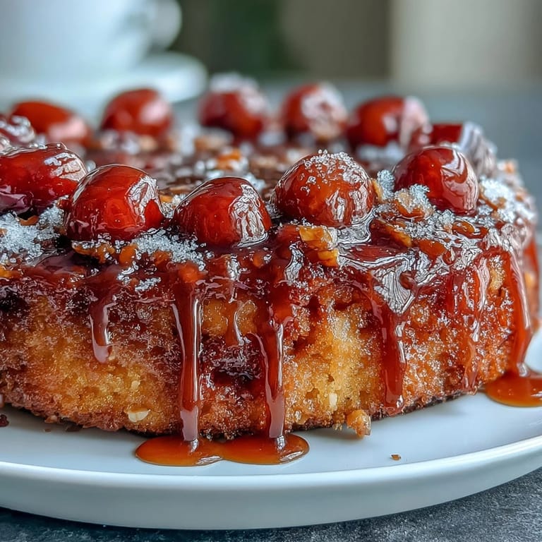 Golden-brown Cherry Almond Upside-Down Cake, a vibrant, sweet treat.