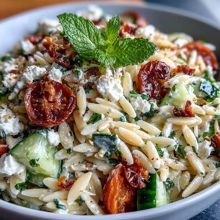Mediterranean orzo salad featuring feta and refreshing cucumber, tossed in lemon dressing.