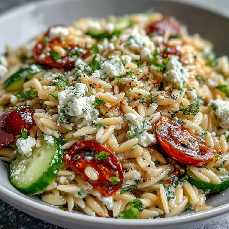 Crisp orzo salad with feta cheese and zesty lemon dressing, a delightful side.