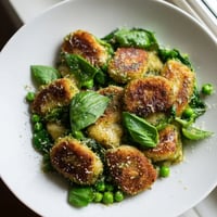 Crispy golden gnocchi tossed with vibrant basil pesto and sweet green peas in a steamy skillet, ready for a quick weeknight dinner.  