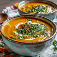 A warm bowl of Carrot Ginger Soup garnished with fresh cilantro and a swirl of coconut cream, perfect for a healthy, comforting meal. 
