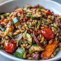 Golden roasted vegetables and chewy farro tossed with fresh parsley and balsamic vinegar in a rustic bowl.