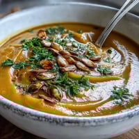 A warm bowl of creamy butternut squash and apple soup garnished with toasted pumpkin seeds and fresh parsley.  