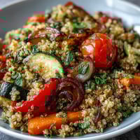 Golden roasted vegetables and fluffy quinoa tossed with aromatic herbs in this Quinoa Vegetable Pilaf, served warm in a skillet.