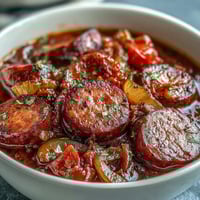 Steaming Crock Pot BBQ Cocktail Sausage Soup ladled into a white bowl, featuring tender sausage pieces, red bell peppers, and onions in a rich, tangy broth.