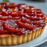 Golden Blood Orange Tarts with silky vanilla custard and glistening citrus slices are arranged on a rustic wooden board.