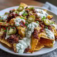 Loaded Baseball Nachos with Jalapeños and Cheese Sauce, crispy tortilla chips topped with seasoned beef, melted cheese, and fresh jalapeños.