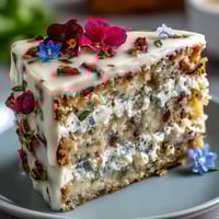 Delicate vanilla cake with whipped cream and pressed edible flowers, perfect for spring celebrations.