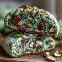 A tray of soft St. Patrick's Day pistachio pudding cookies with vibrant green color and white chocolate chips.