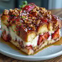 Spring brunch strawberry french toast bake with golden brioche, juicy berries, and a creamy custard topping.