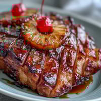 Honey Glazed Ham with Pineapple, golden-brown and glistening with sweet honey glaze, adorned with juicy pineapple rings and cherries.