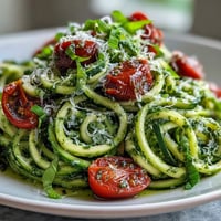 Vibrant zucchini noodles tossed with basil pesto and cherry tomatoes for a fresh summer meal.  