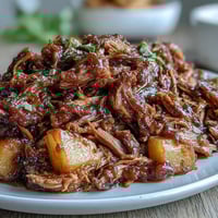 Juicy pulled pork slow-cooked with peaches and honey in tangy BBQ sauce, served on soft buns.