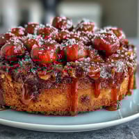 Glossy Cherry Almond Upside-Down Cake with glistening caramelized fruit topping.